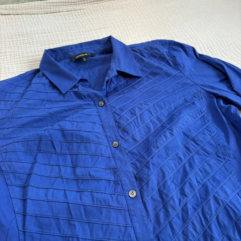 Lafayette 148 New York Shirt Womens 14 Blue Button Front Short Sleeve Career - Picture 3 of 10
